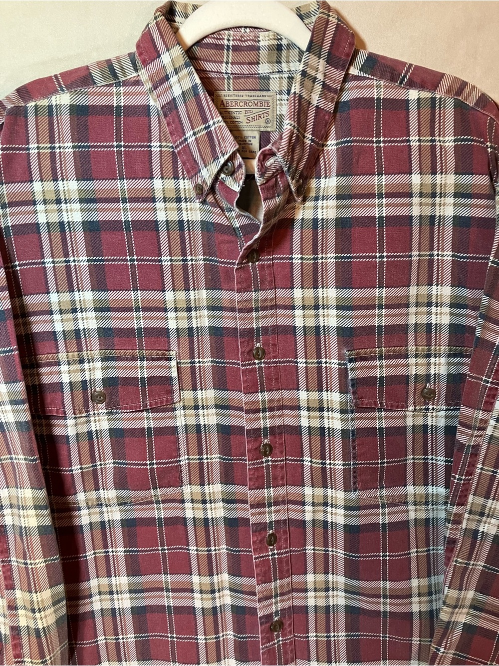 Vintage Abercrombie Fitch Big Shirt Mens XL Red Tan Plaid Flannel Oversized
